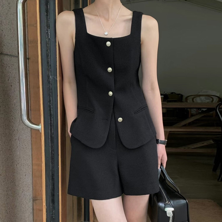 優雅氣質小香風單排扣背心上衣/百搭短褲（規格可選）