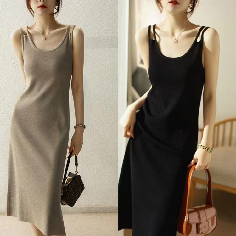 法式復古打底鏤空肩帶針織連衣裙