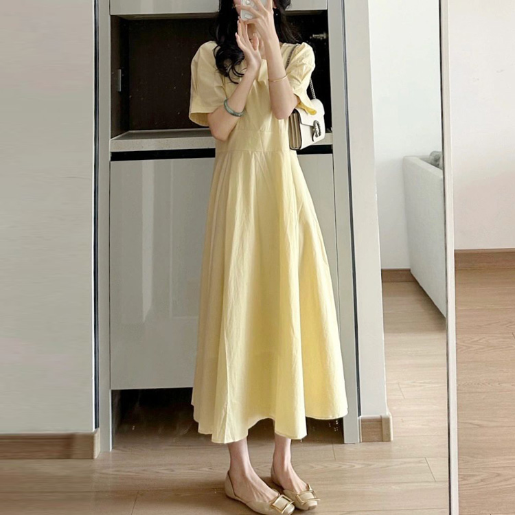 夏季鵝黃色方領顯瘦氣質連衣裙
