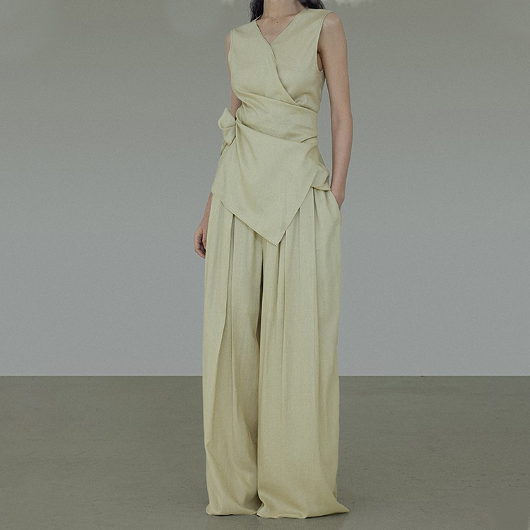 夏季平紋麻綁帶背心/小眾闊腿褲（規格可選）