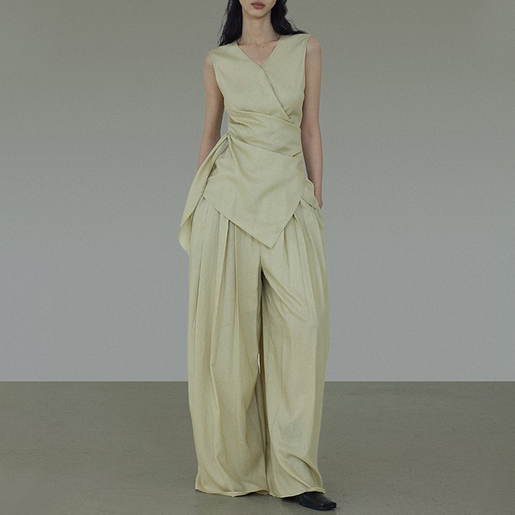 夏季平紋麻綁帶背心/小眾闊腿褲（規格可選）