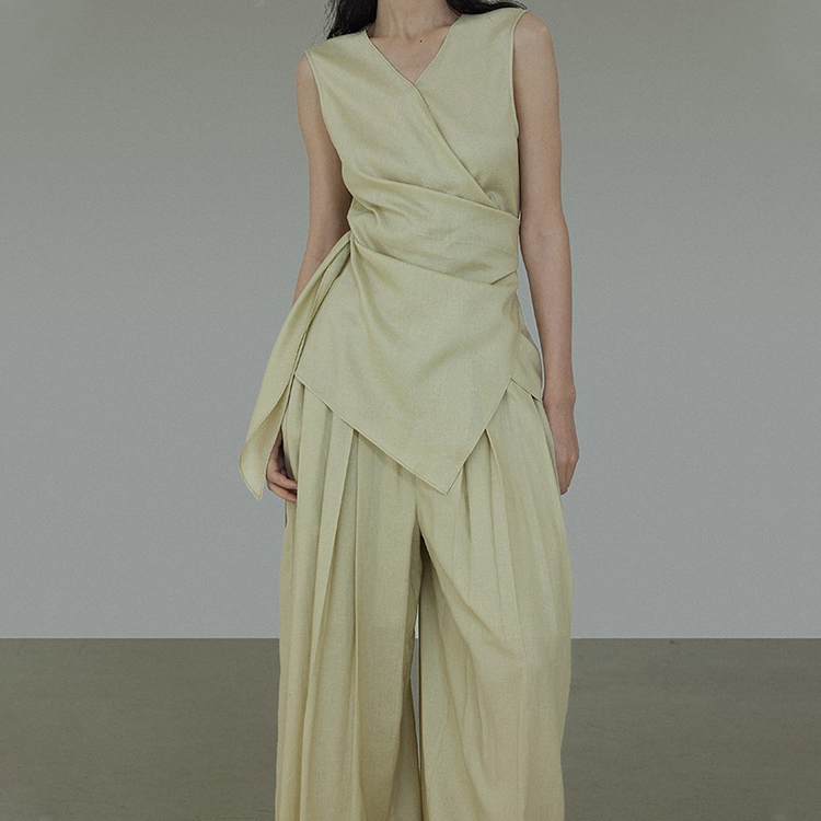 夏季平紋麻綁帶背心/小眾闊腿褲（規格可選）