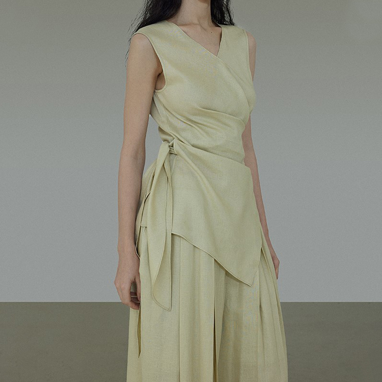 夏季平紋麻綁帶背心/小眾闊腿褲（規格可選）