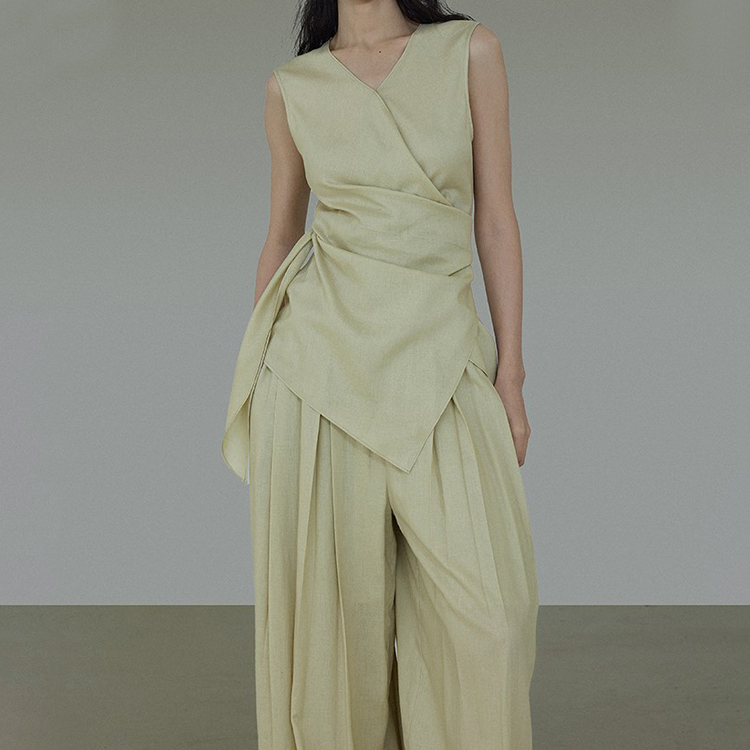 夏季平紋麻綁帶背心/小眾闊腿褲（規格可選）