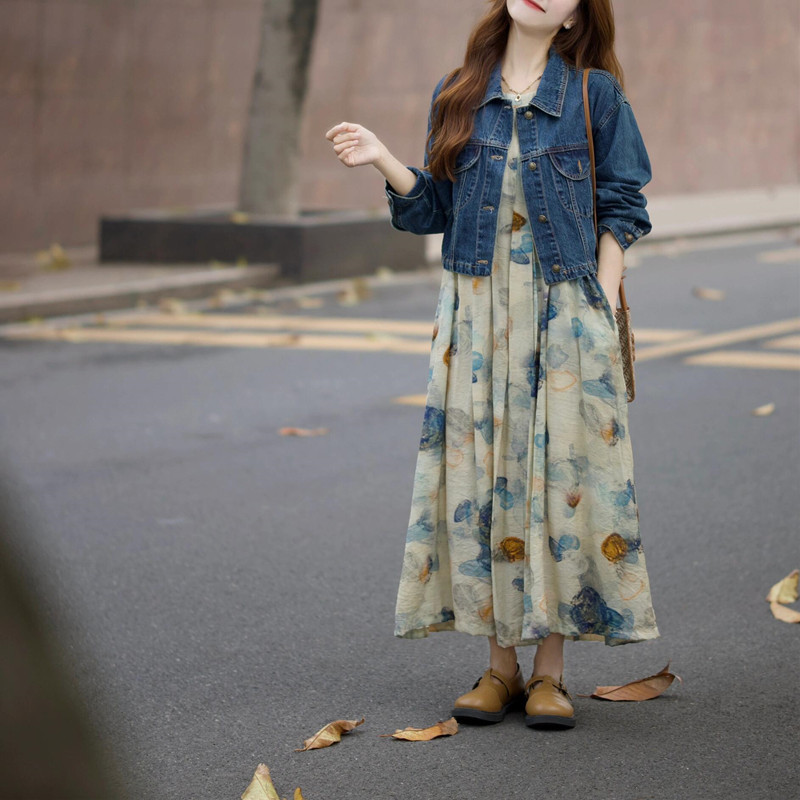 夏水墨畫復古氣質碎花連衣裙