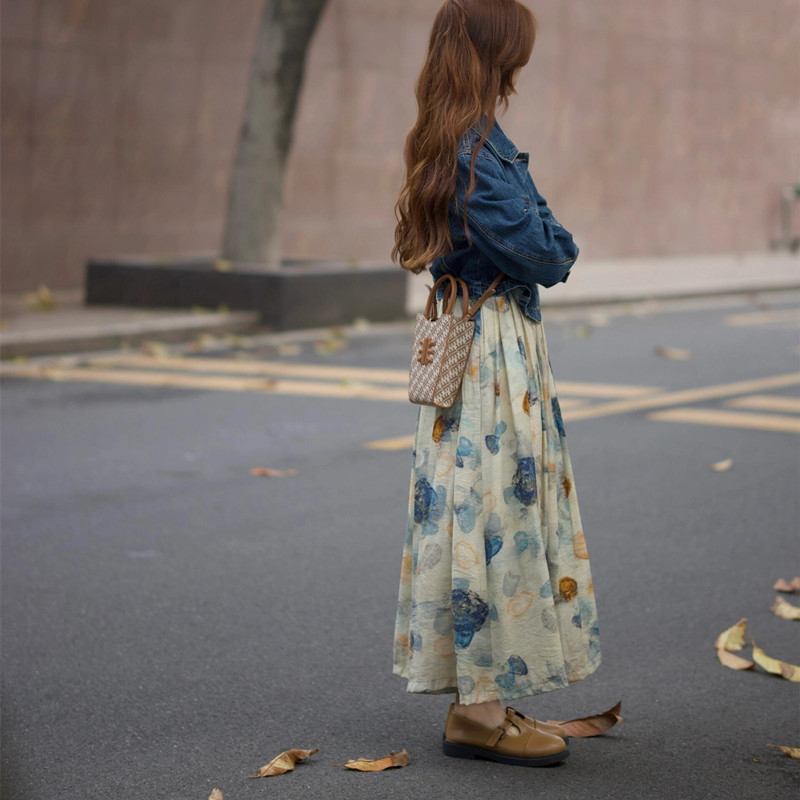 夏水墨畫復古氣質碎花連衣裙