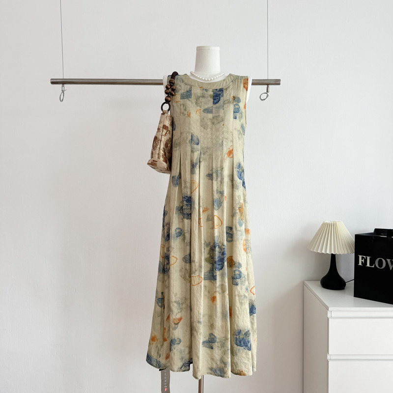夏水墨畫復古氣質碎花連衣裙