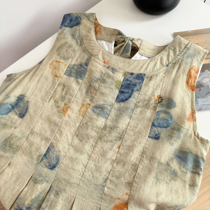 夏水墨畫復古氣質碎花連衣裙