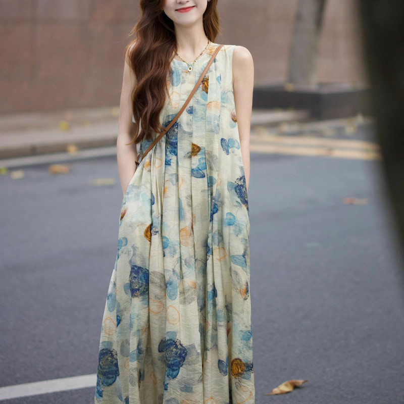 夏水墨畫復古氣質碎花連衣裙
