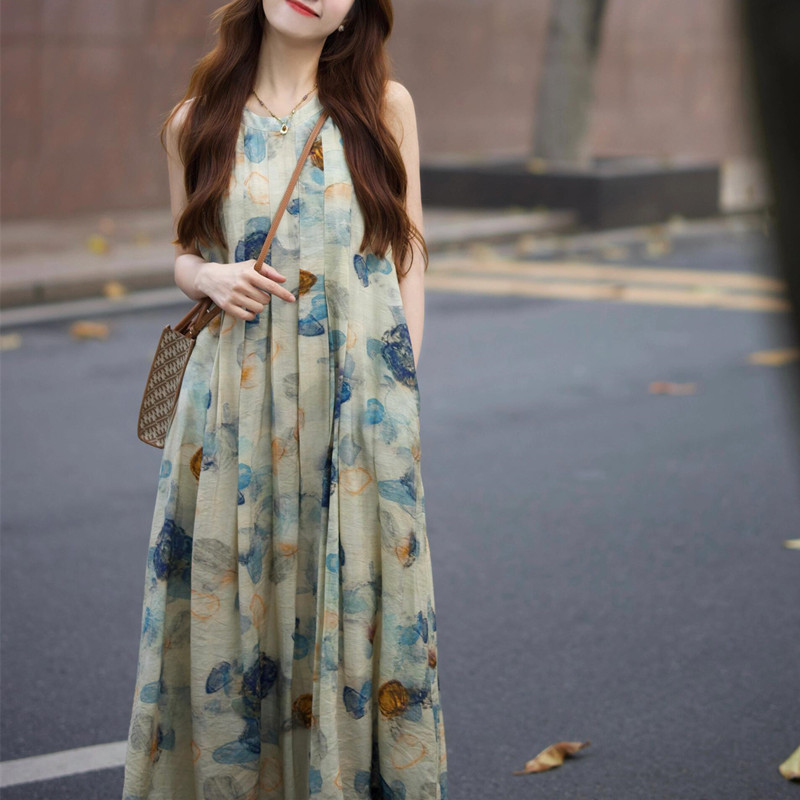 夏水墨畫復古氣質碎花連衣裙