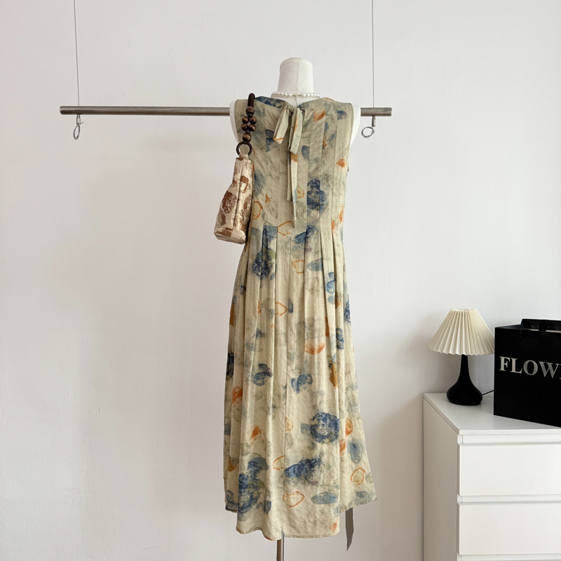 夏水墨畫復古氣質碎花連衣裙