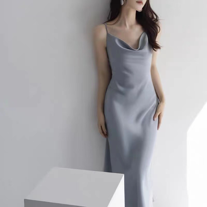 夏季醋酸緞面吊帶包臀連衣裙