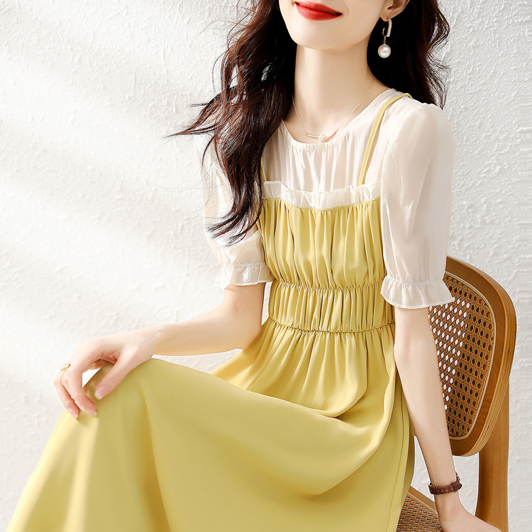 夏季法式拼接假兩件通勤連衣裙