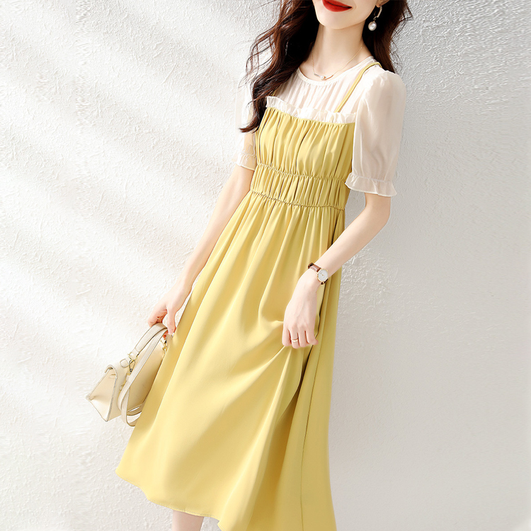 夏季法式拼接假兩件通勤連衣裙
