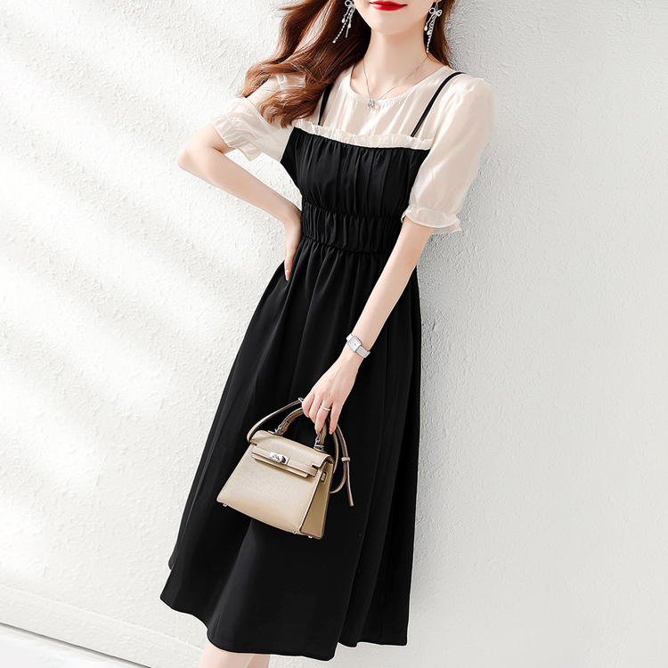 夏季法式拼接假兩件通勤連衣裙