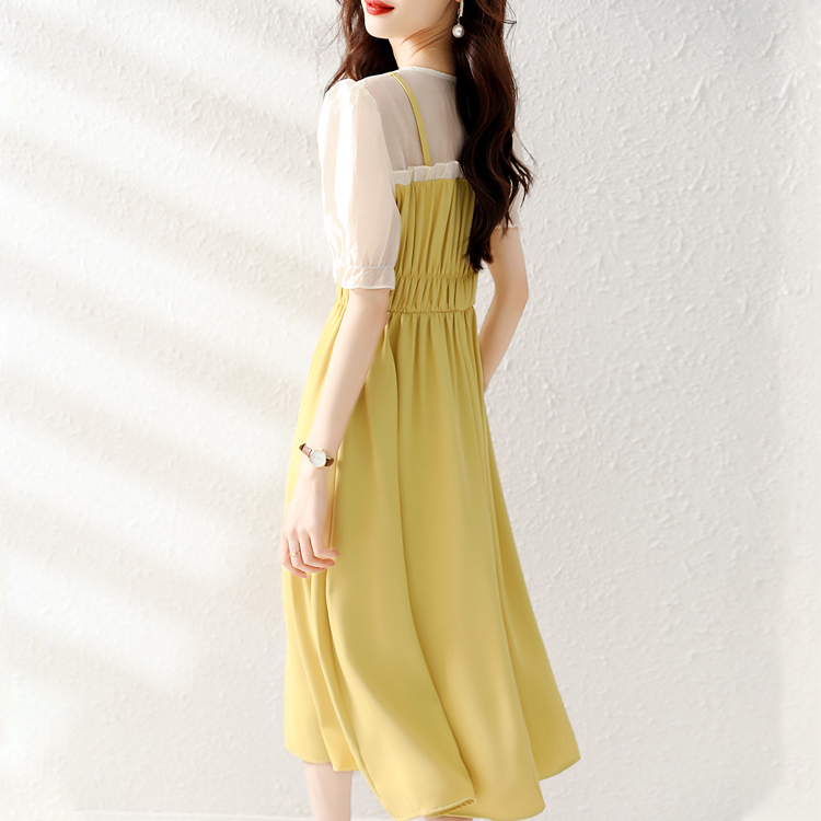 夏季法式拼接假兩件通勤連衣裙