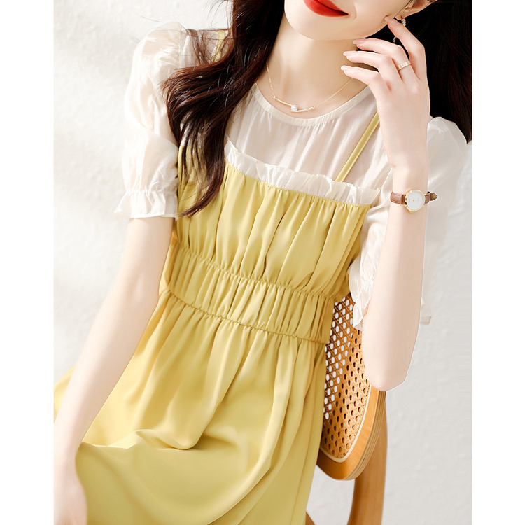 夏季法式拼接假兩件通勤連衣裙