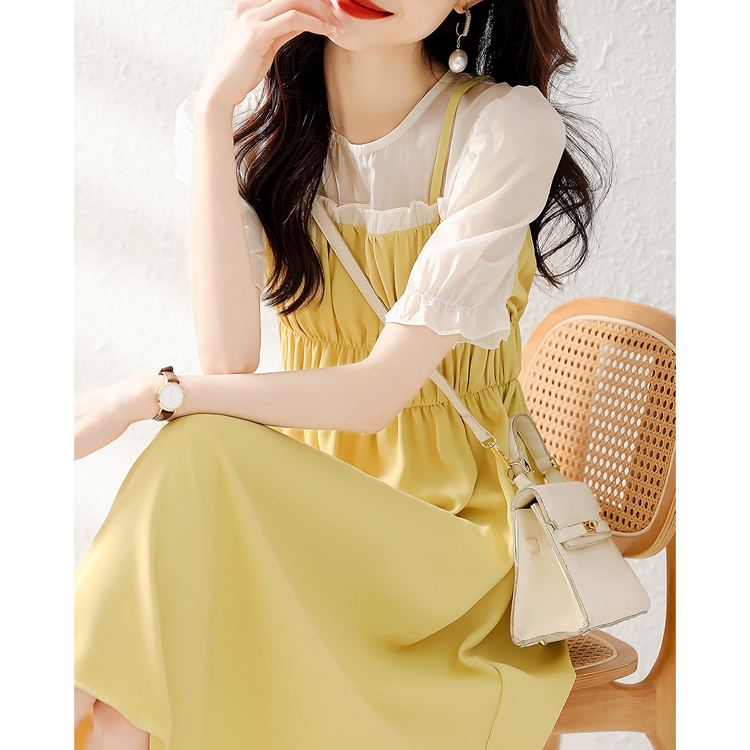 夏季法式拼接假兩件通勤連衣裙