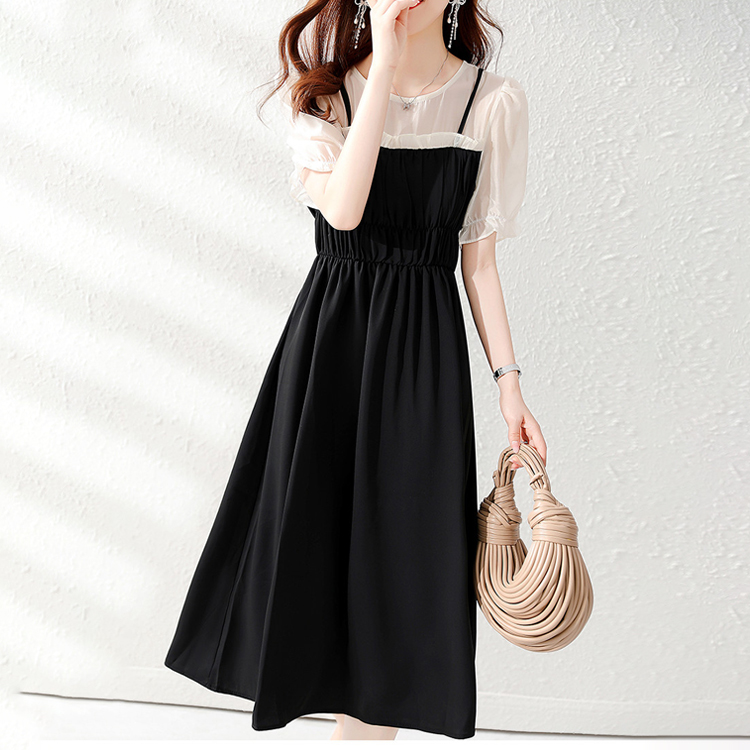 夏季法式拼接假兩件通勤連衣裙