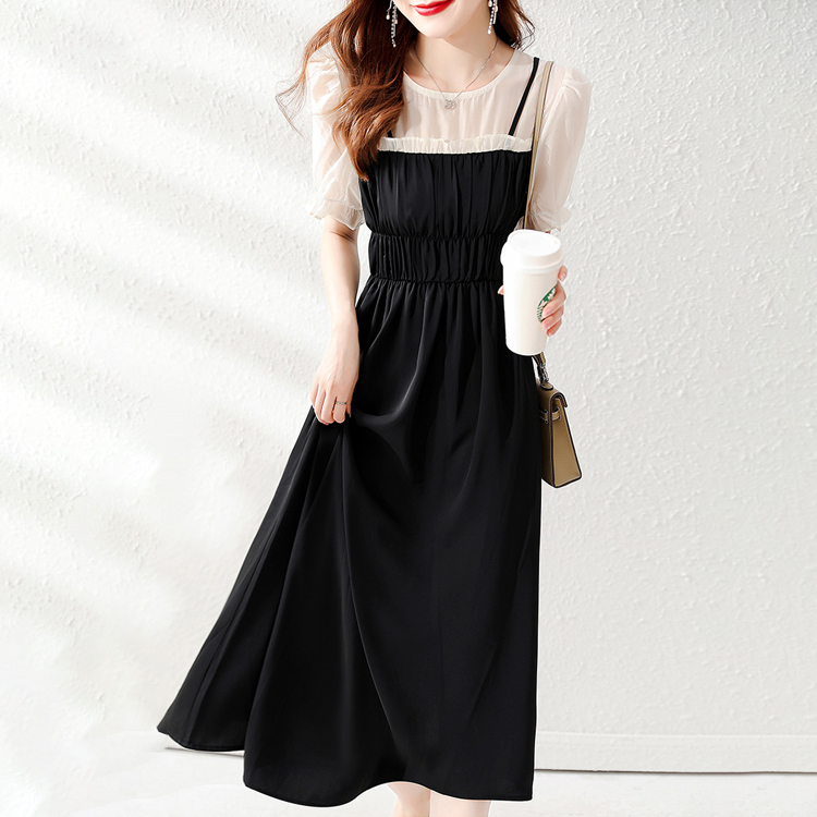夏季法式拼接假兩件通勤連衣裙