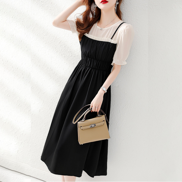 夏季法式拼接假兩件通勤連衣裙