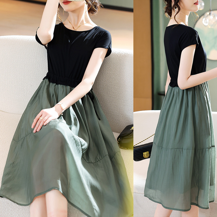 夏季拼接撞色假兩件連衣裙