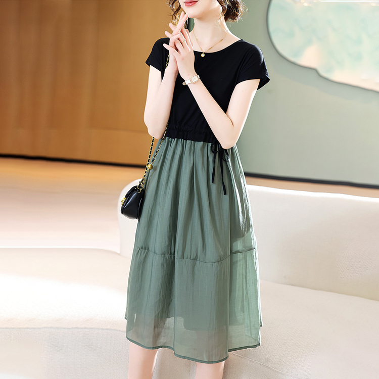 夏季拼接撞色假兩件連衣裙