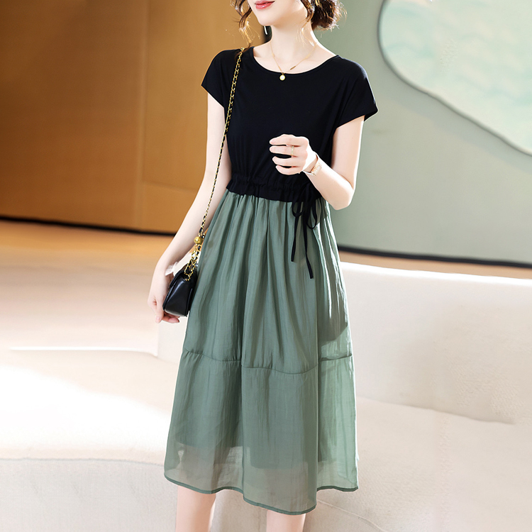 夏季拼接撞色假兩件連衣裙