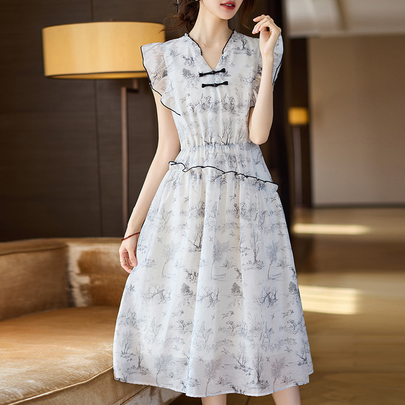 夏季木耳邊小飛袖氣質連衣裙