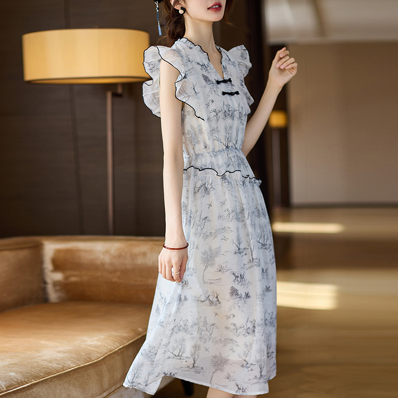 夏季木耳邊小飛袖氣質連衣裙