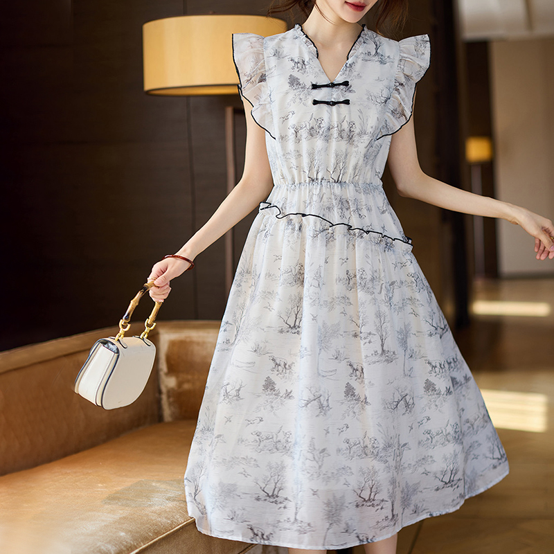夏季木耳邊小飛袖氣質連衣裙