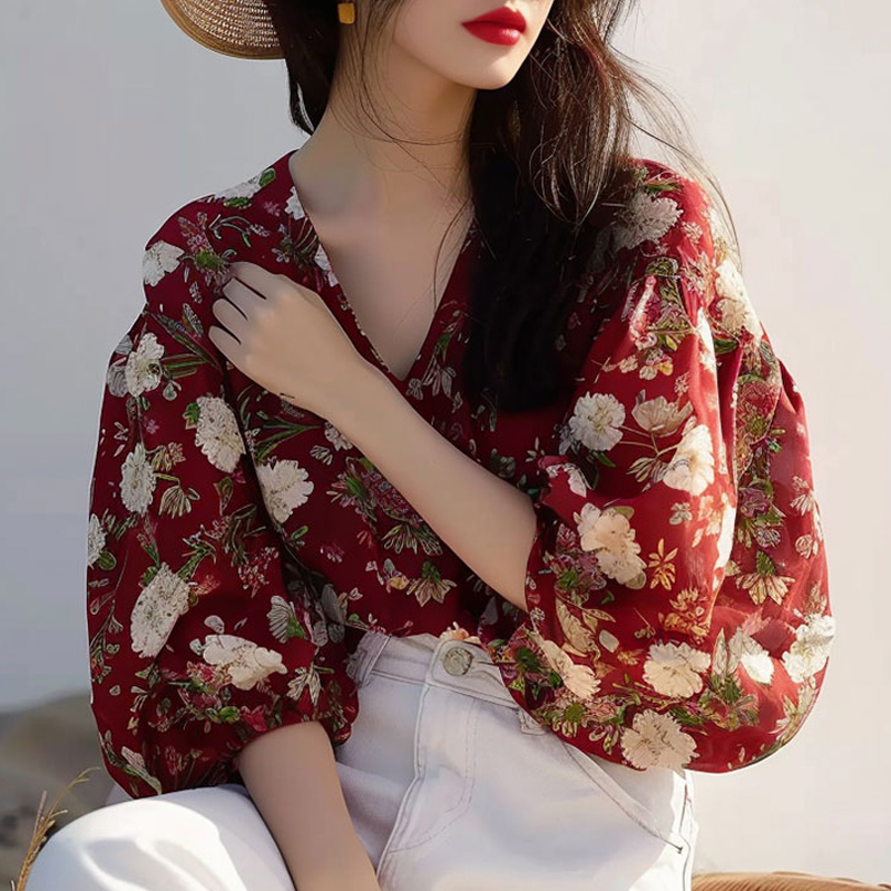 夏季紅色碎花泡泡袖海邊襯衫