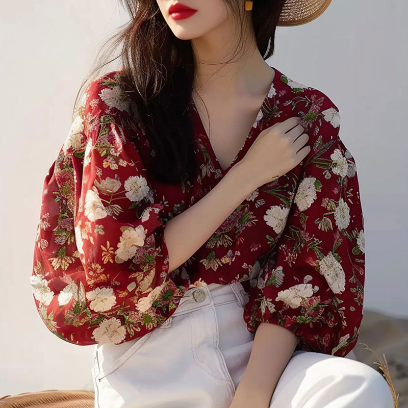 夏季紅色碎花泡泡袖海邊襯衫
