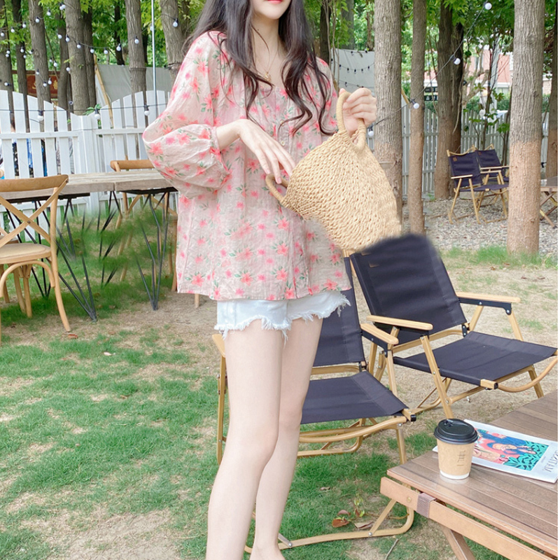夏V領燈籠袖棉麻娃娃衫