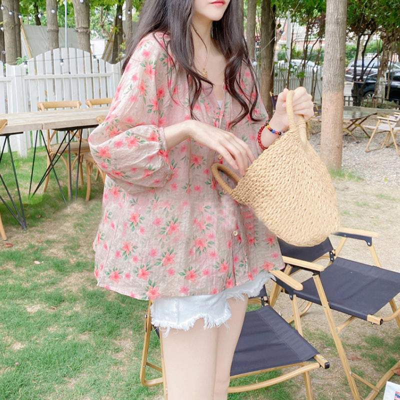 夏V領燈籠袖棉麻娃娃衫