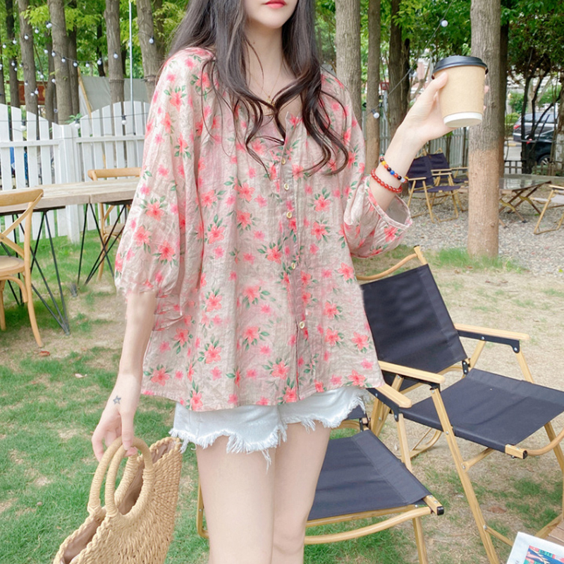夏V領燈籠袖棉麻娃娃衫