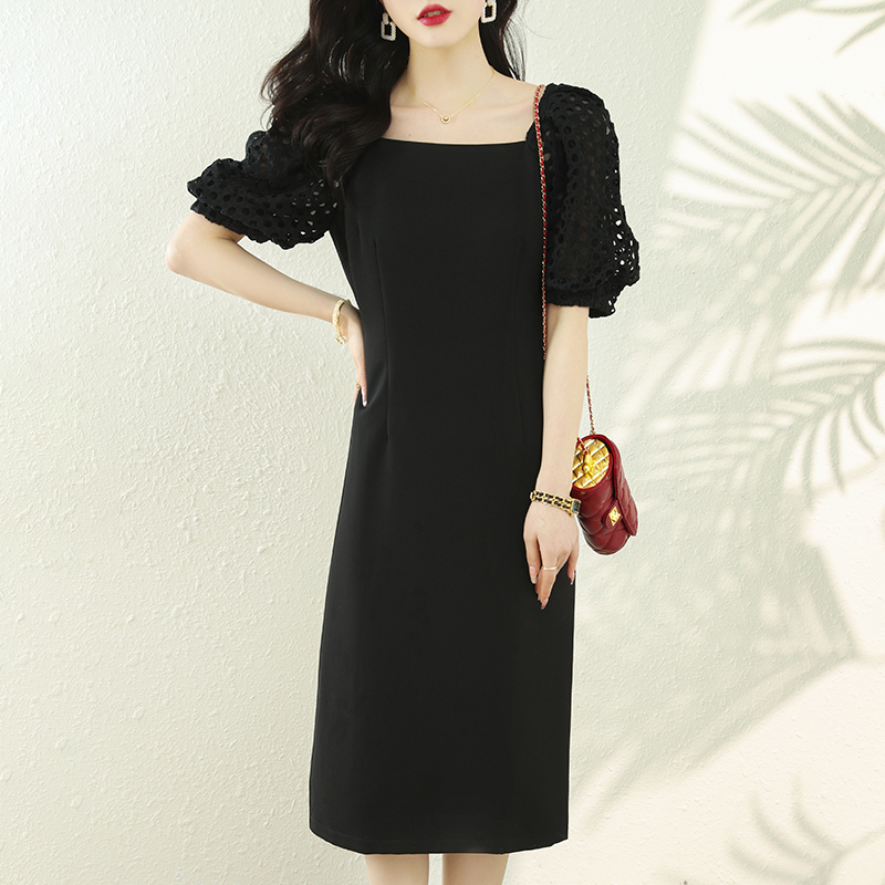 夏優雅蕾絲泡泡袖方領氣質連衣裙