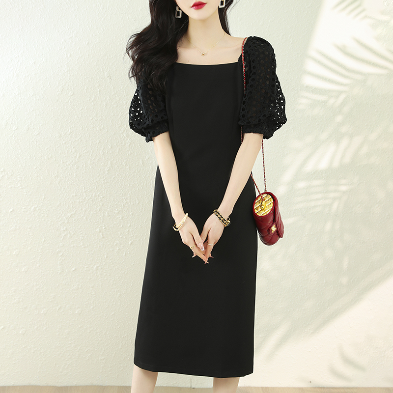夏優雅蕾絲泡泡袖方領氣質連衣裙