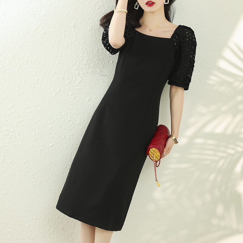 夏優雅蕾絲泡泡袖方領氣質連衣裙