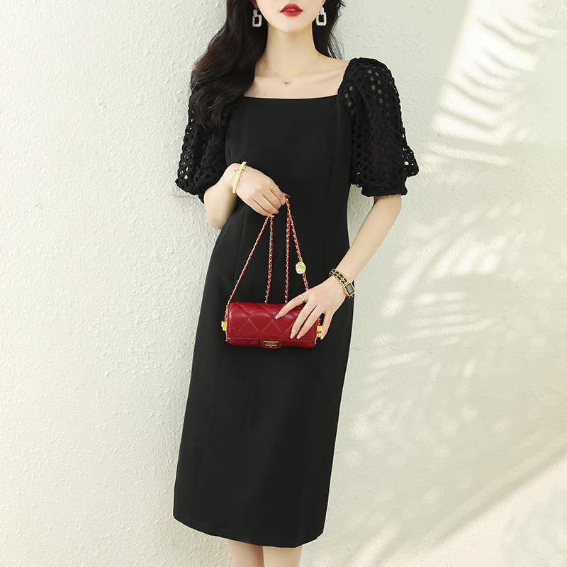 夏優雅蕾絲泡泡袖方領氣質連衣裙