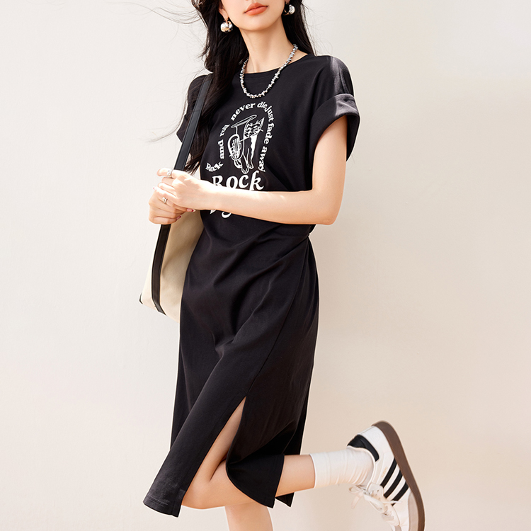 夏印花開叉別緻褶皺連衣裙