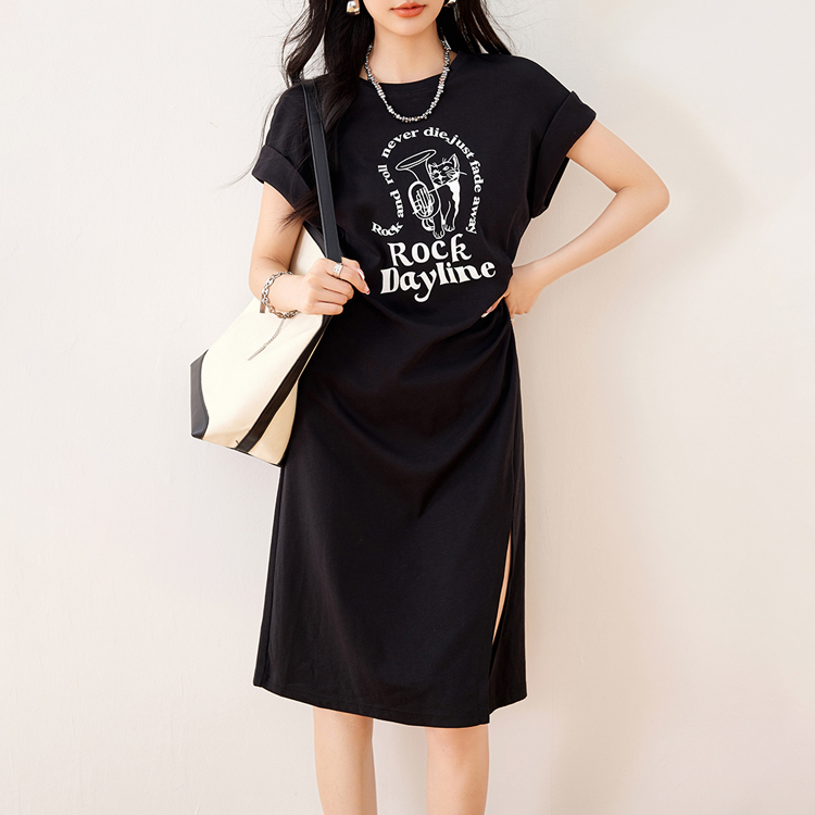 夏印花開叉別緻褶皺連衣裙