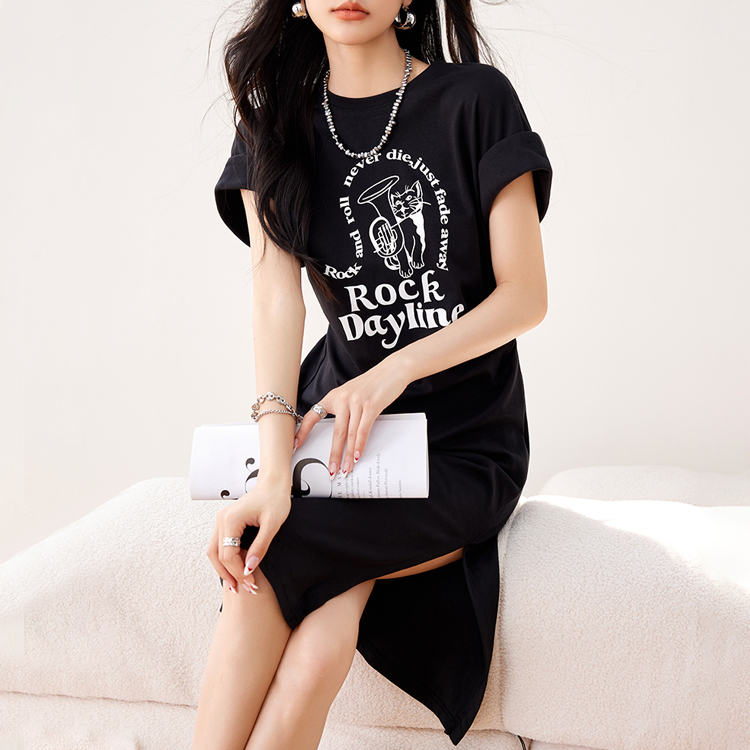 夏印花開叉別緻褶皺連衣裙