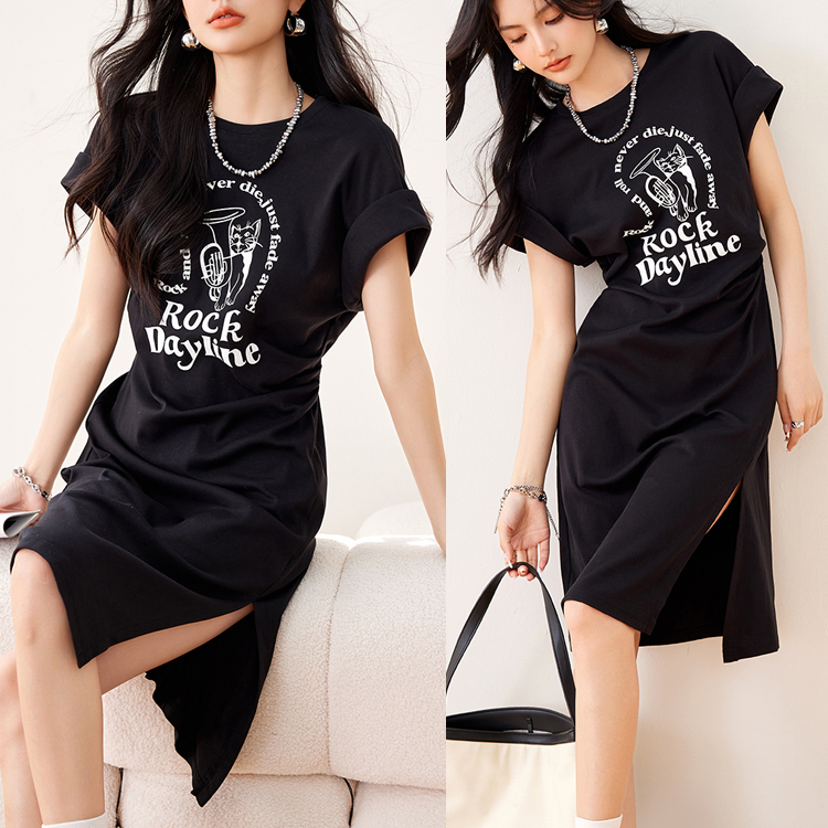 夏印花開叉別緻褶皺連衣裙