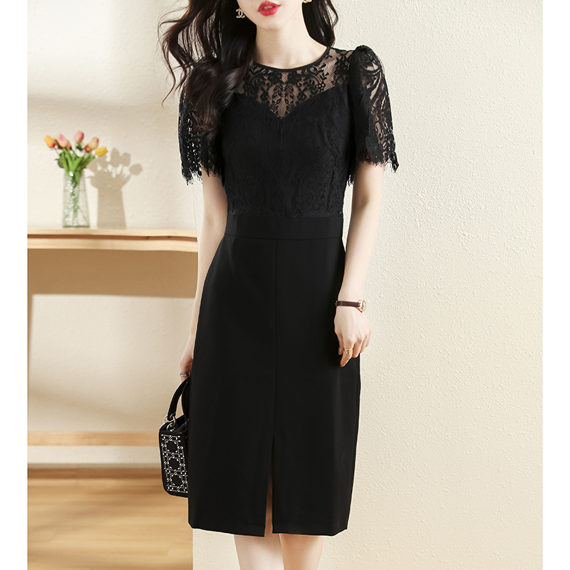 夏拼接蕾絲開叉修身連衣裙