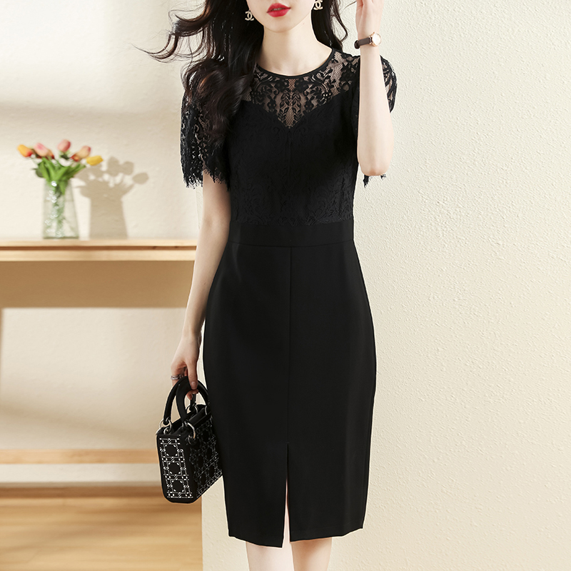 夏拼接蕾絲開叉修身連衣裙