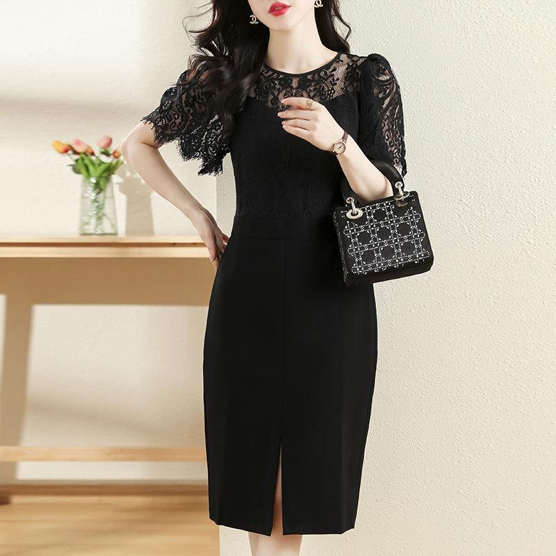 夏拼接蕾絲開叉修身連衣裙