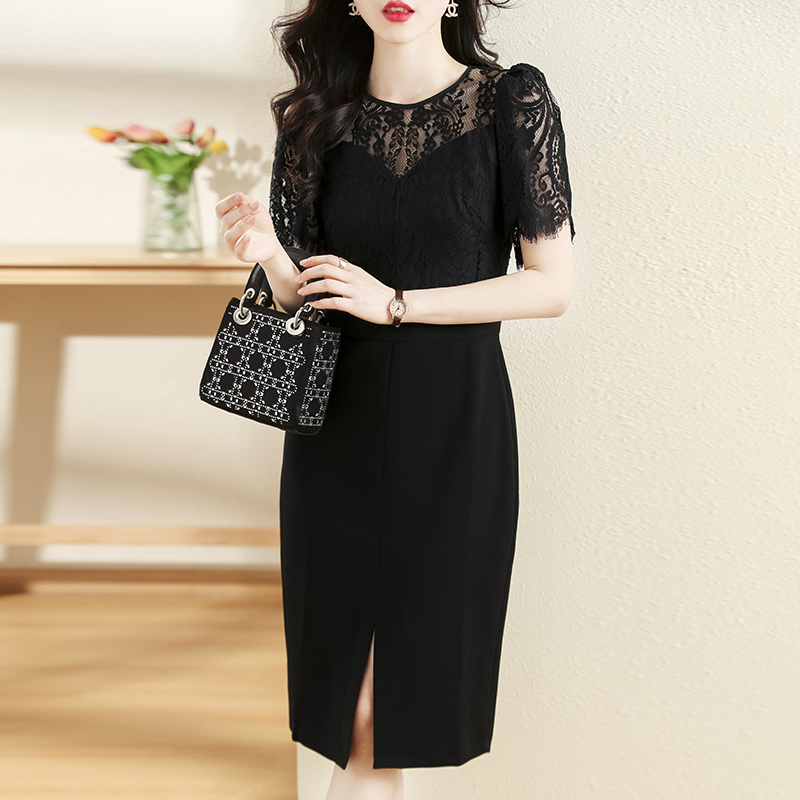 夏拼接蕾絲開叉修身連衣裙