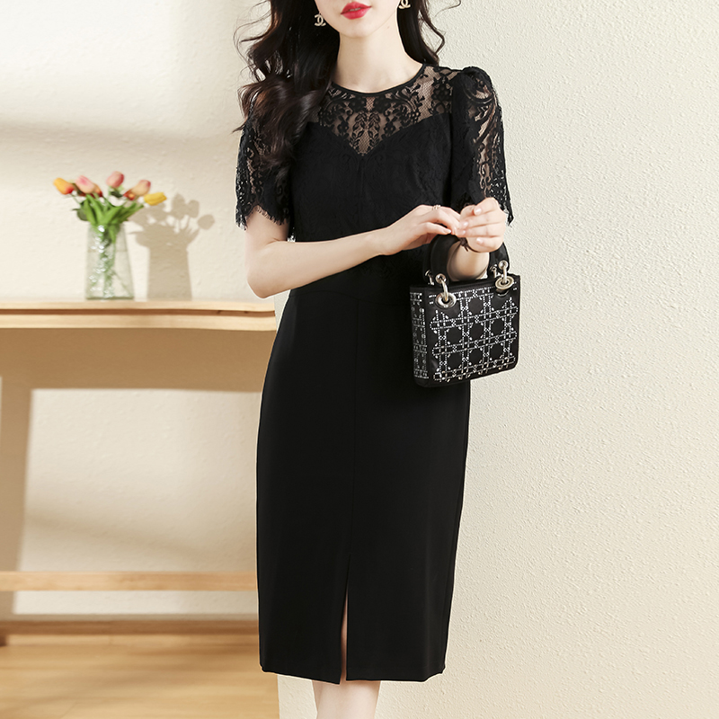 夏拼接蕾絲開叉修身連衣裙