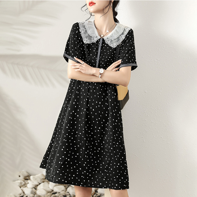 夏雙層刺繡花邊翻領愛心連衣裙